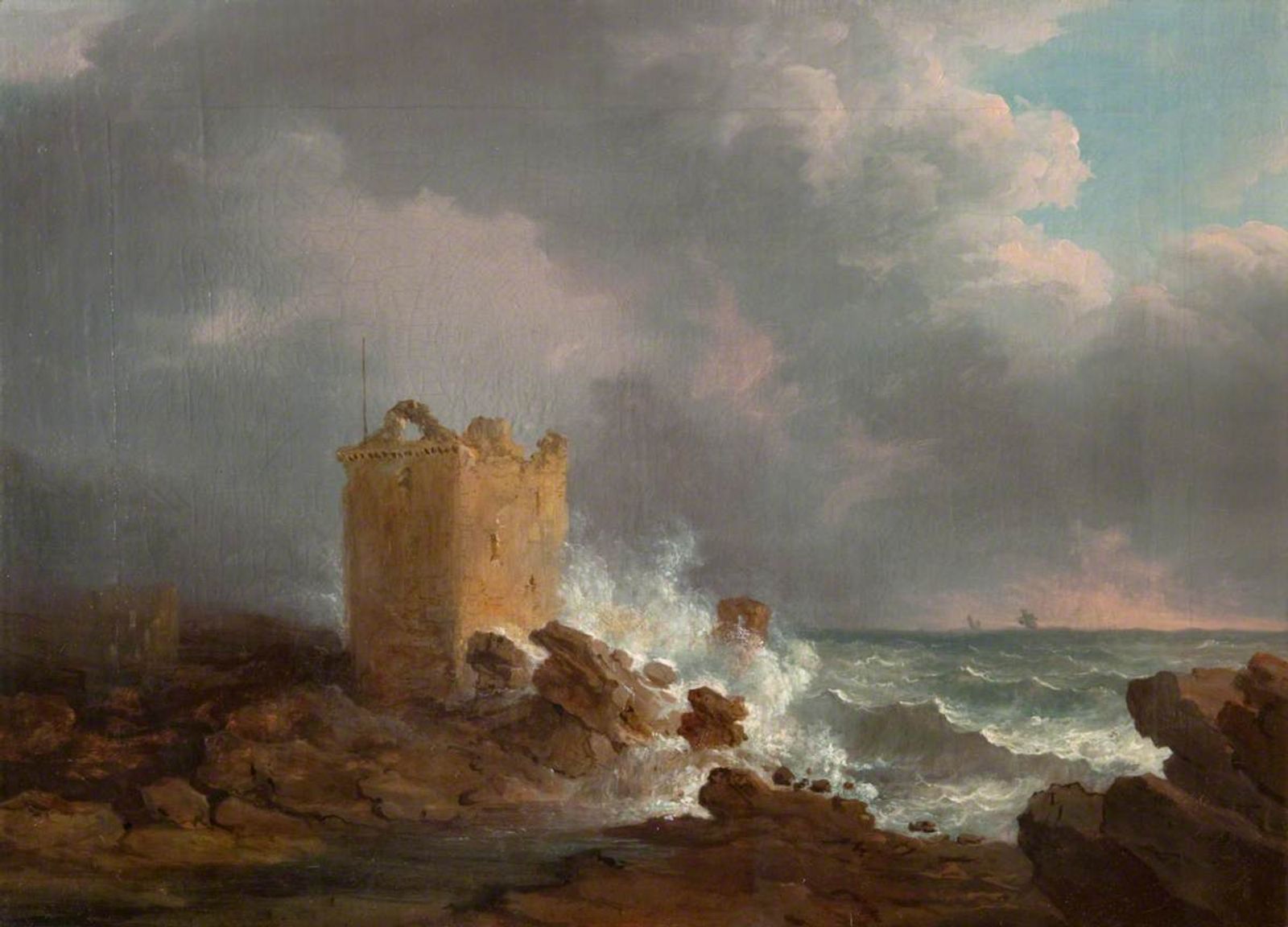 Painting of Broughty Castle as a roofless ruin, waves breaking on the rocks below